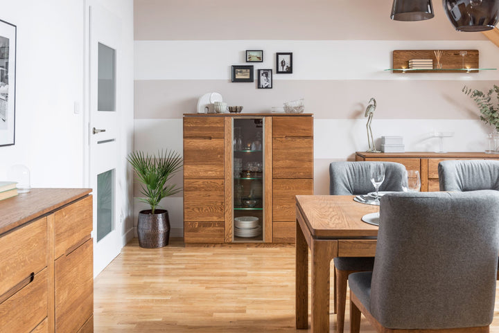 VESKOR Montenegro mobili in legno di quercia, vetrina, credenza, cassettiera, tavolo da pranzo, tavolino, moderno, elegante, design nordico